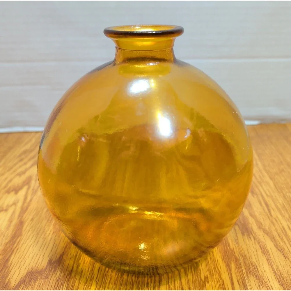 Vintage Amber Glass Orb Vase Round Globe Ball Mid Century Modern MCM 6.5 Inch